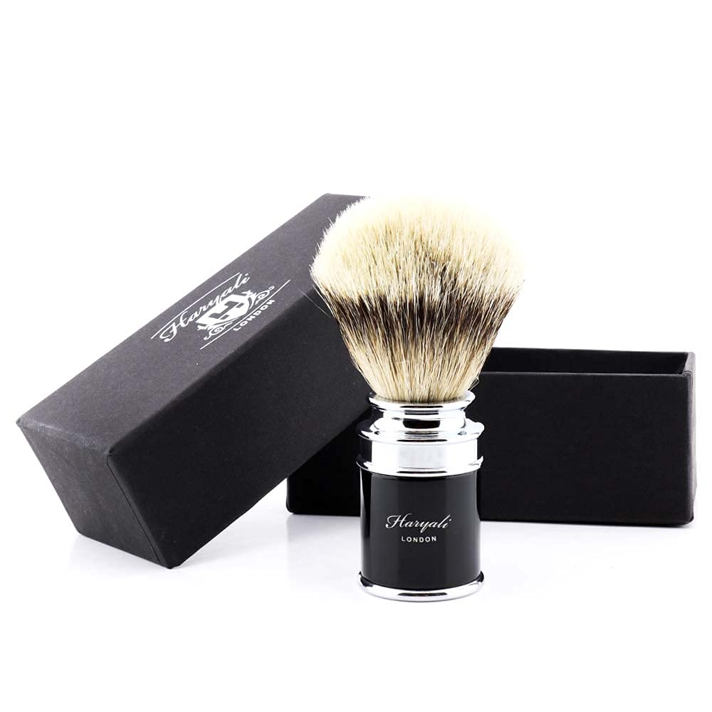 Haryali London Mens Shaving Brush with Silver Tip Badger Hair Bristles & Stunning Black Handle with Chrome Base Comes in Box