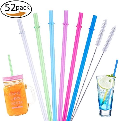 50 Pieces Reusable Straws Clear Solid Colors Plastic Acrylic 9" with Rings,BPA-Free,Cleaning Brush Included