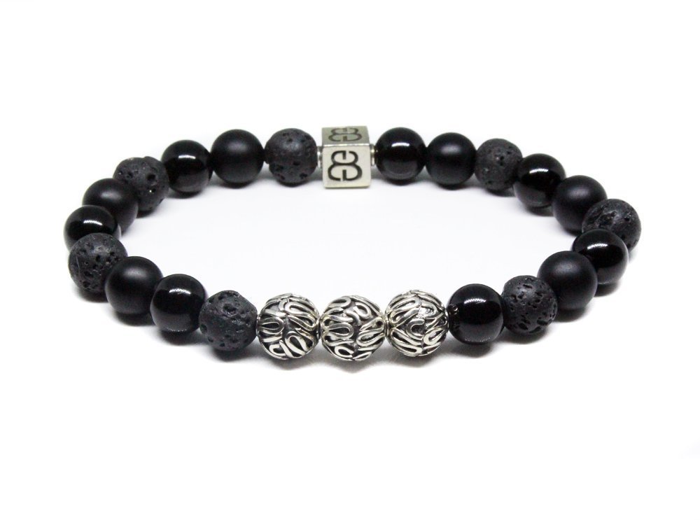 Amazon Com Volcanic Lava Stone Matte Black Onyx And Obsidian Bracelet Men S Black Beads Bracelet Black And Silver Bracelet Sterling Silver Bali Beads Bracelet Handmade