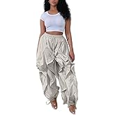 LROSEY Women Baggy Ruffle Wide Leg Pants Trendy Casual Y2k Drawstring Cargo Joggers with Pockets