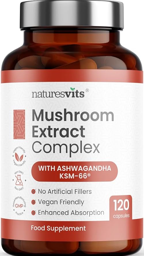 4000mg 6 Mushroom Complex with Ashwaghandha KSM-66, Lions Mane, Cordyceps, Shiitake, Reishi, Chaga and Maitake, 120 Capsules, 2/Day Focus and Brain Support Herbal Nootropic - 40% Polysaccharides