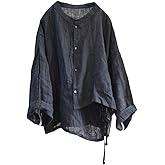 NFYM Women's Linen Asymmetrical Shirt Top Irregular Hem Tie Retro Stand Collar Button Blouse Shirts