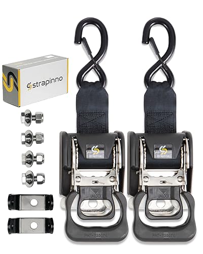STRAPINNO 2 Stück Edelstahl-Ratschengurte, einziehbar, je 4,2 x 1,2 m, Spanngurte zum Anschrauben – 2 zusätzliche Halterungen und Bolzen-Set, Sicherheitsriegel S-Haken, Bruchfestigkeit 750 kg