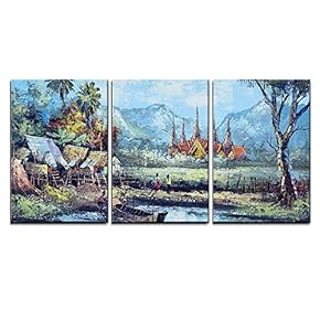 3 Piece Canvas Wall Art - Original Oil Painting on Canvas - Waterside Life in Thailand - Modern Home Art Stretched and Framed Ready to Hang - 16"x24"x3 Panels