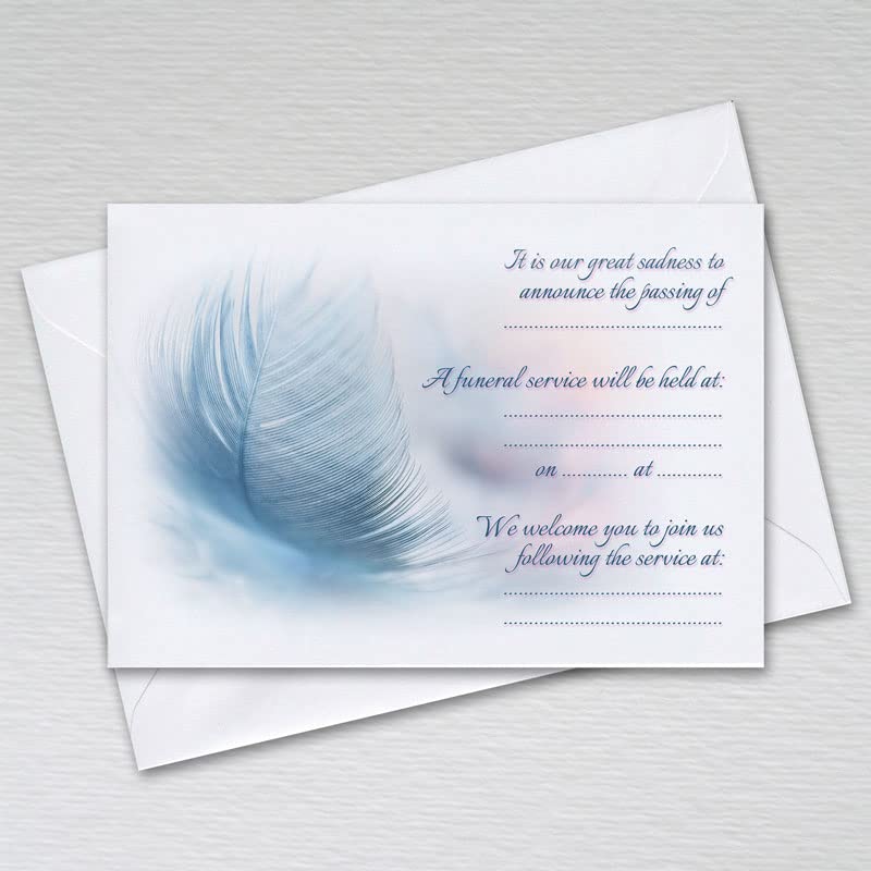 Webspectations Pack of 20 Funeral Invitations Announcement Cards with Envelopes - A6 Non-folded Feather Design, grey|blue|white