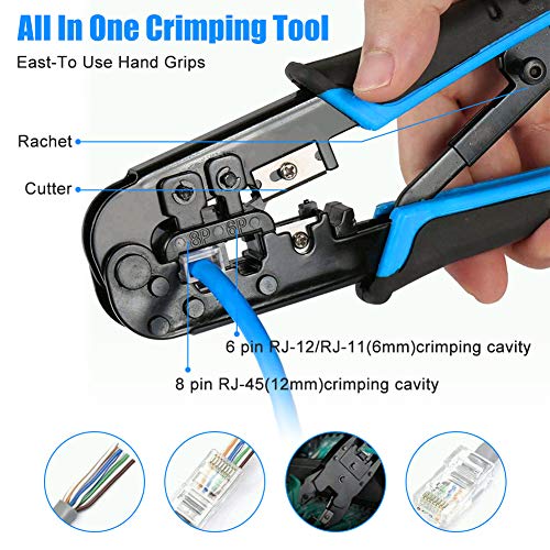 RJ45 Crimp Tool Kit Cat5 Cat5e Crimping Tool，RJ11, 6P/RJ12, 8P/RJ45