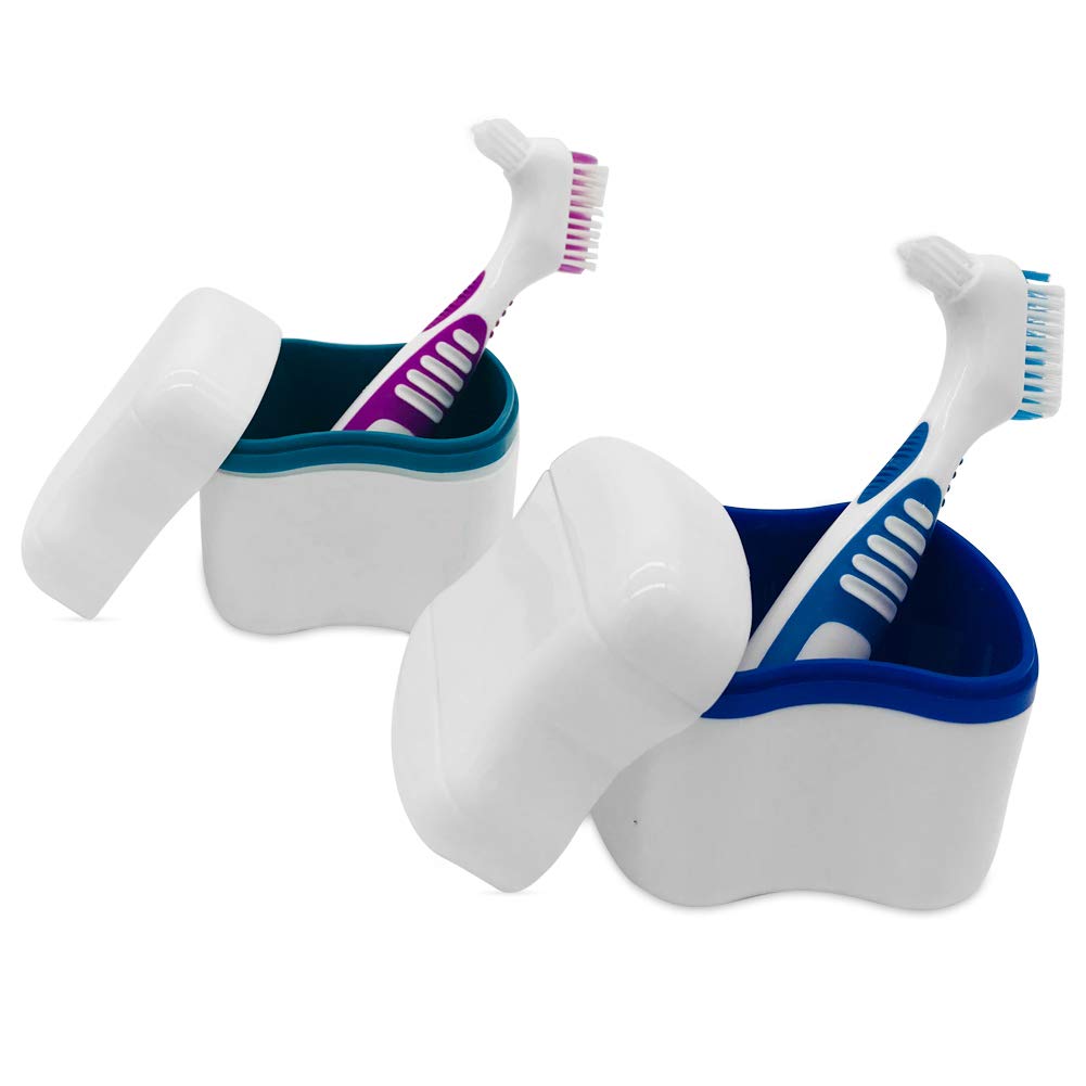 2 Denture Bath Cases with 2 Denture Cleaner Brushes, Denture Holder Brush Retainer Case, Dentures Container with Removable Strainer Basket Holder : Beauty
