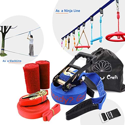 Rainbow Craft Ninjaline Slackline for Obstacle Course Set, with Removable Loops for Kids Backyard Outdoor Play - Blue Color Black Loops