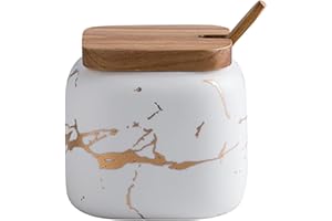 JFFLYIT Marble Ceramics Sugar Bowl Ceramic Seasoning Box Ceramic Spice Jars Porcelain Condiment Pots with Lid and Spoon (White)