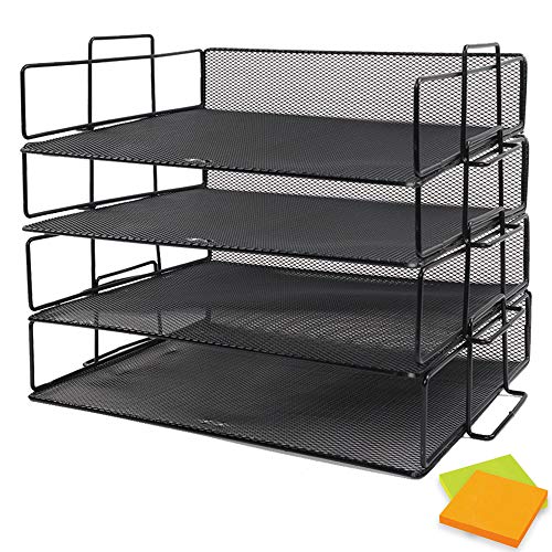 JPSOR Stackable Letter Trays, 4 Pack Stackable Paper Trays, Black Mesh Desk Organizers with 2 Sticky Note Pads