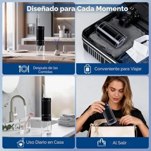 Irrigador Oral Portátil, sem fios para viagens, 3 níveis de pressão, 6 bicos, depósito telescópico de água IPX8, recarregável USB, QR-7112 (preto)