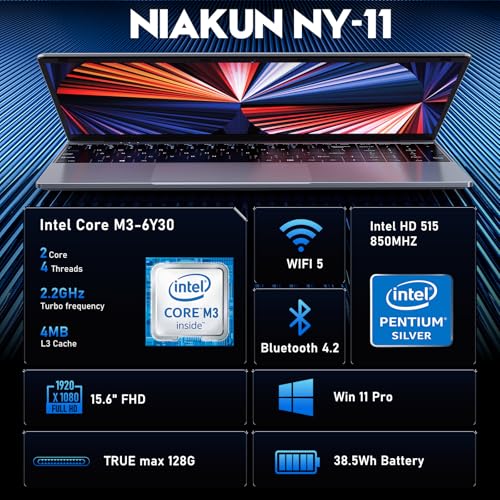 NIAKUN Laptop, Window 11 Pro Laptop Computer 2026, 15.6 Inch Lap Top, 16GB RAM 256GB SSD PC, M3-6Y30 Processor, FHD Display, WIFI5, BT4.2, Webcam, Office 365 for Business, School, Work, Student, Gray