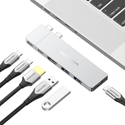 VENTION MacBook USB Adapter, 6-in-2 Mac Hub with Dual USB C, Removable Magnetic USB-C Connector, PD 140W / 8K @ 240Hz / 80Gbps Max, Compatible with All Laptops/iPads, Silver