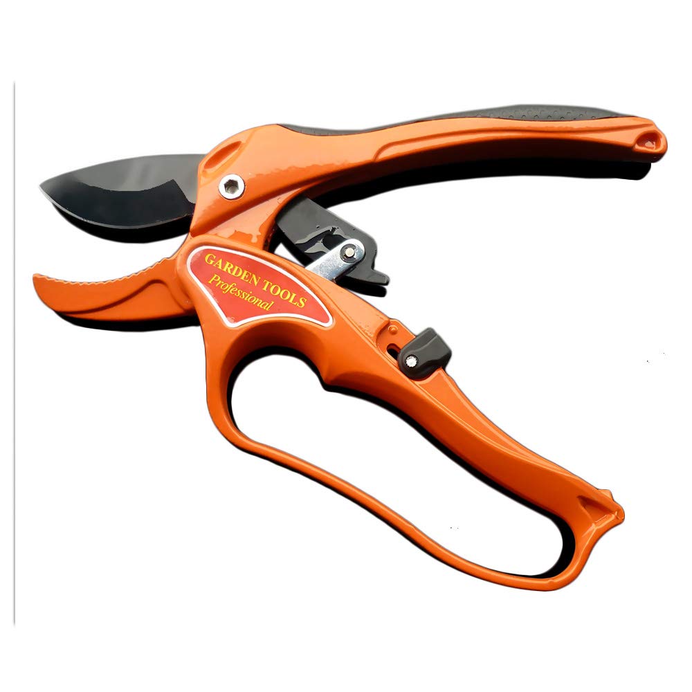 APRIL 14TH Professional Pruning Shears By Ratchet Mechanism, Sharp Tree Trimmers Secateurs Hand Pruner Clippers with Safety Lock - Great for Weak Hands (orange)