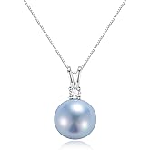 BAMIKI Cultured 11-12MM Round Pink Purple Blue Grey Golden Tahitian Black Pearl Necklace for Women, S925 Sterling Silver 18K Gold Plated, Single Pearl Pendant Necklace