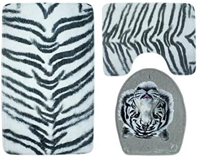 CandyPlay Bath Rug 3-Piece Set Non-Slip Washable Bathroom Mat Set Animal Print(Tiger-White)