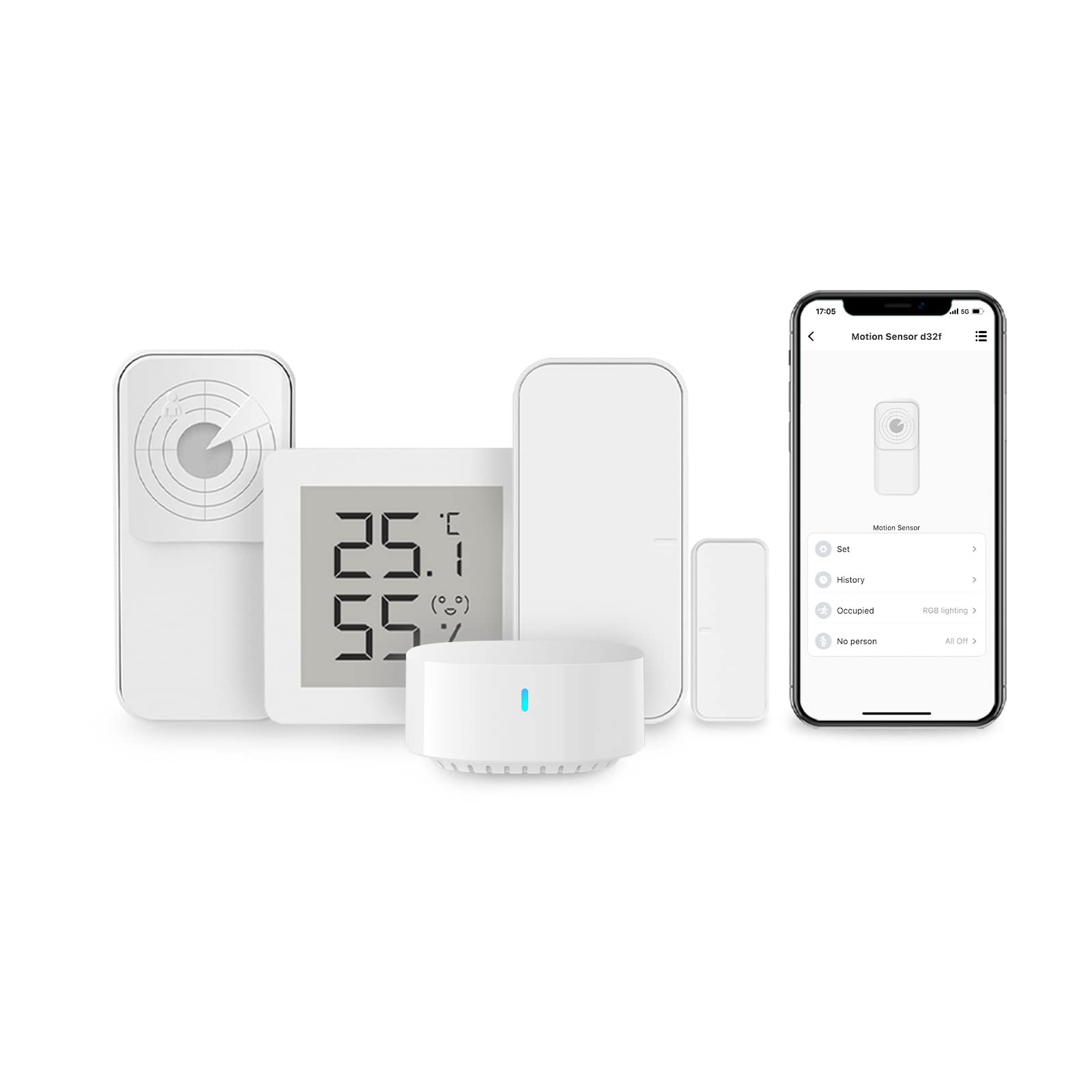 Broadlink Smart Home FastCon Sensor Kit - Including Radar Motion Sensor, Door Sensor, Temperature and Humidity Sensor and Mini Hub for Smart Home Automation, Works with Alexa