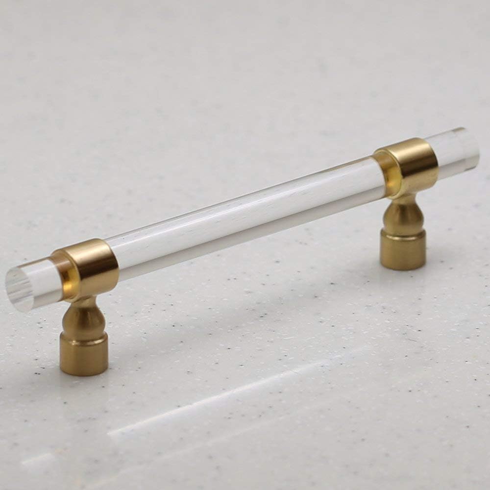 Lucite on Satin Gold - Pull - 128mm Hole Centers, 7" Overall Length - Modern Gold - Clear Acrylic Cabinet Handle Furniture Door