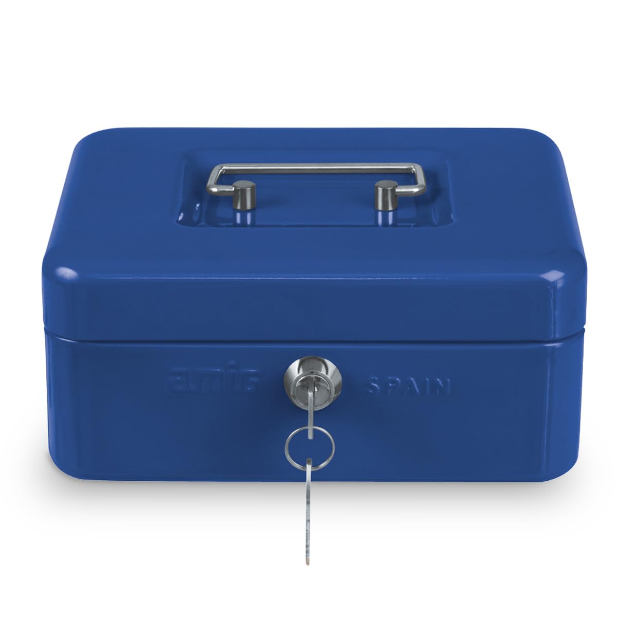 Amig - Secure Cash Box | Nickel-Plated Key Lock | Steel Construction | Portable with Handle | For Home, Office, Travel | Efficient Coin and Note Organisation, Blue, 250 x 180 x 90 mm, Alloy Steel