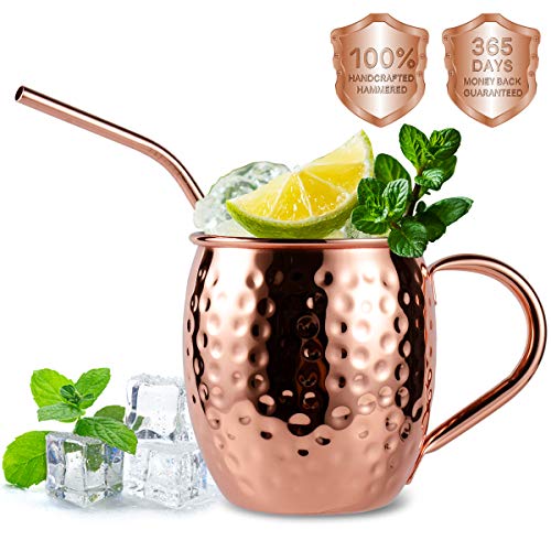Eligara Moscow Mule Kupferbecher-Set, handgefertigt, lebensmittelecht, Kupferbecher für Moscow Mule Cocktail, 473 ml, Geschenk-Set mit 1 Schnapsglas, 4 Strohhalmen und 4 Untersetzern, 4 Stück – Bild 5
