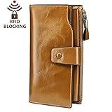 Itslife Women's RFID Blocking Large Capacity Luxury Wax Genuine Leather Clutch Wallet Card Holder Ladies Purse(Khaki RFID Blocking)