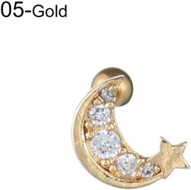 Zcxaa 1pcs Silver and Gold Color CZ Stud Piercing Moon Star Cartilage Earring Conch Tragus Stud Helix Cartilage Piercing Jewelry