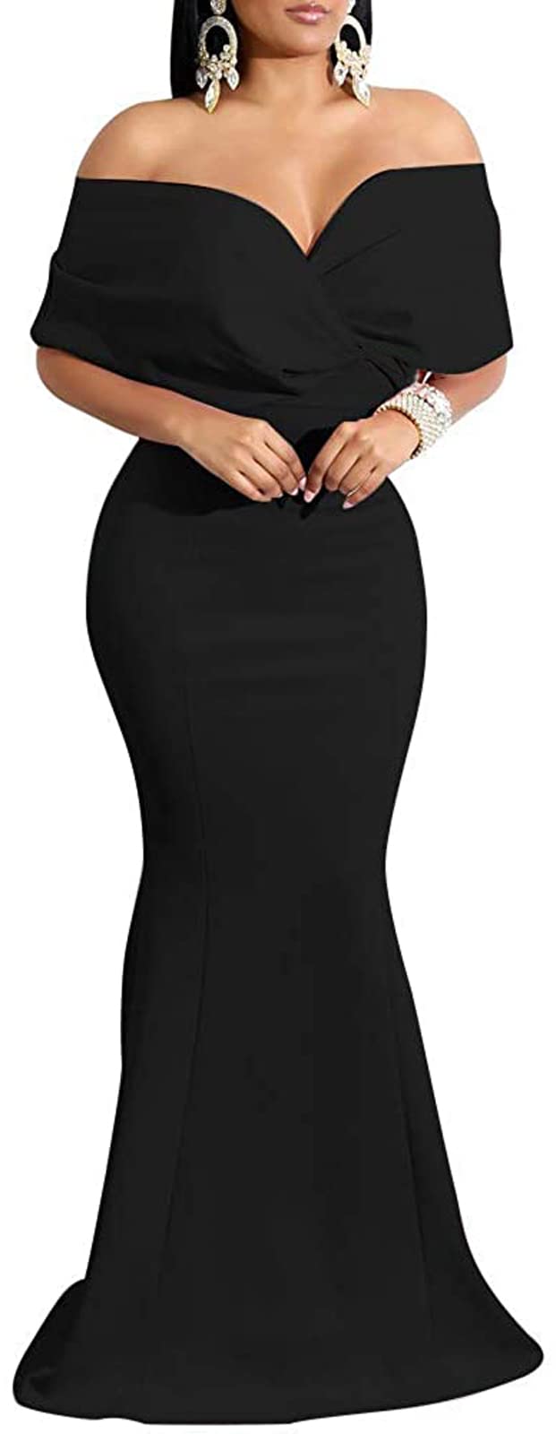 Photo 1 of (2XL) Black Cocktail Dresses for Women Sexy Bodycon Off Shoulder Long Cocktail Prom Dress with Zipper for Evening Party(2X-Large)