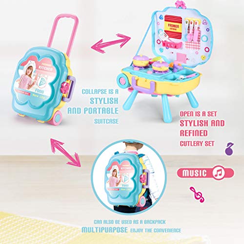 Bravetoshop 3-in-1 Chef Role Toys Pretend Play Kitchen Set with Workbench&Pull Bar Box&Backpack
