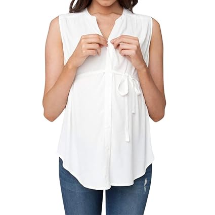 Lonshell Damen Button-down Umstandshemd Stillshirt Nursing Top Weste Bluse Ärmellos Unterhemd Tops Lace-up Umstandsmode Umsta