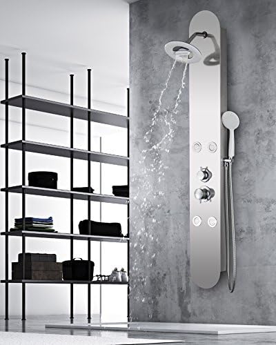 Vantory Shower Panel Tower System 59'' Brushed Nickel Stainless Steel Shower Panel Unique Round Rainfall Waterfall Shower Head With Body Jets