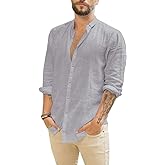 JEKAOYI Mens Summer Casual Long Sleeve Cotton Linen Shirts Button Up Solid Plain Roll-Up Sleeve Beach T Shirts