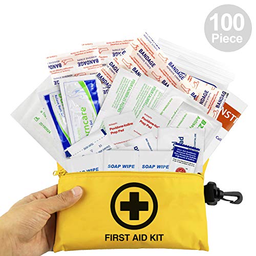 Small First Aid Kit, 100 Pieces Compact Waterproof Mini Emergency Survival Kit FDA OSHA Compliant for Home, Workplace, Vehicle, Travel, Camping, Backpacking Outdoor (Yellow)