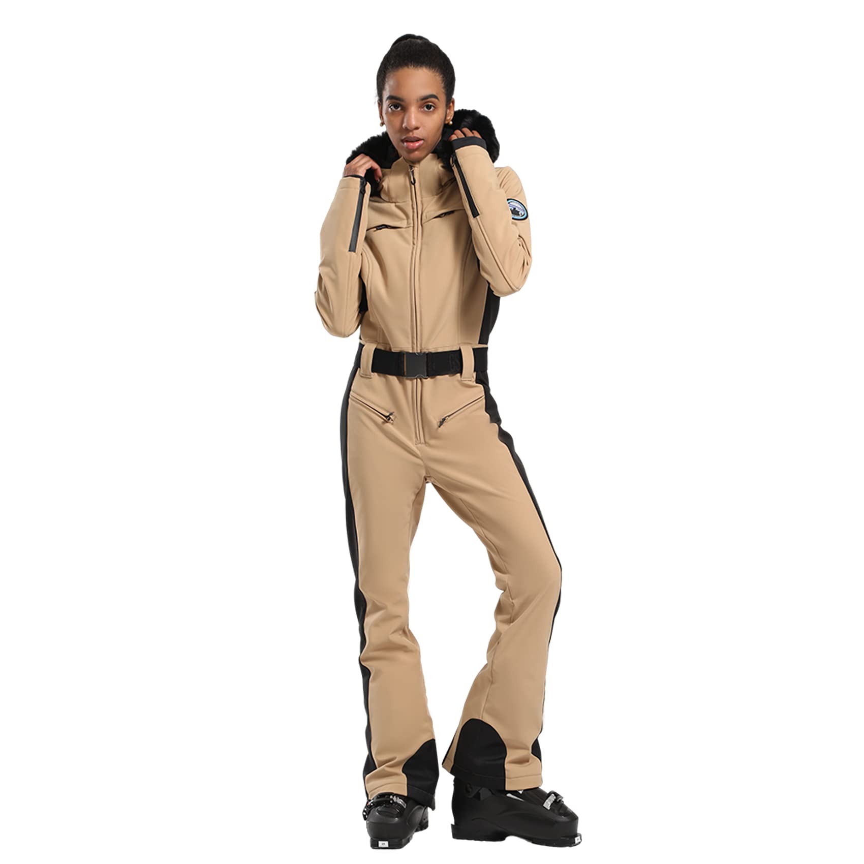 Photo 1 of GSOU SNOW Ski Suit Women One Piece Snowsuit Snowboard Slim Insulated Jumpsuit Waterproof Windproof for Winter Sports,Khaki S