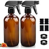Worldgsb Glass Spray Bottles, 16oz Refillable Containers, Empty Boston Round Bottles with Labels & Adjustable Nozzle for Cleaning, Gardening, Aromatherapy, Pets, Plant, Hair -Amber (2 Pack)
