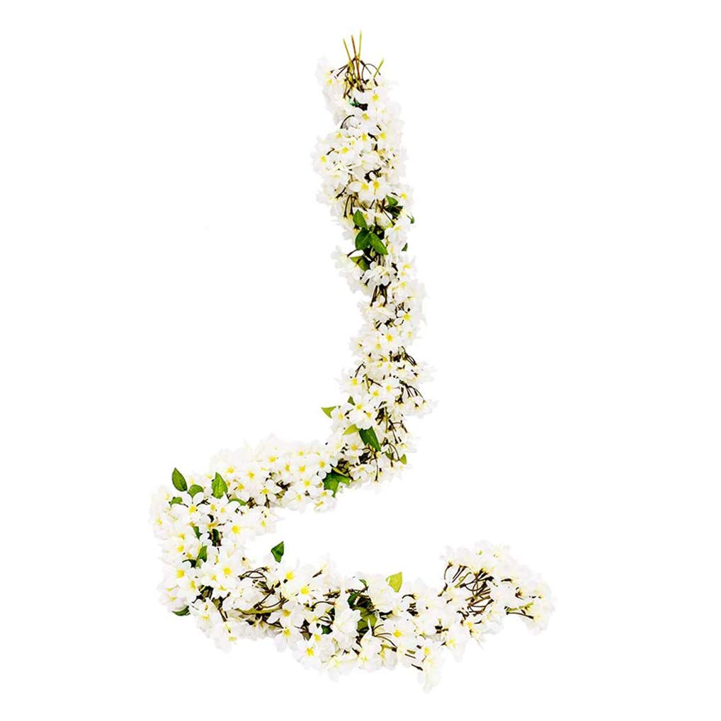 JUSTOYOU 2 Pcs 5.7FT Artificial Sakura Cherry Blossom Flowers Hanging Vine Fake Sakura Garland Fake Oriental Cherry Wreath Home Garden Party Wedding Decor (Cherry White, 2 PCS)