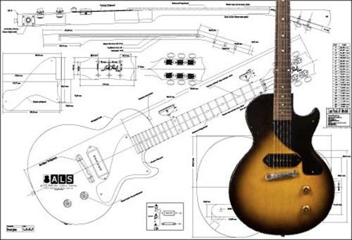 Aust Luthiers Supplies Les Paul Junior Electric Guitar Plan - Full Scale, Mahogany Body & Neck, Black & White Drawing