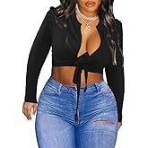 LovelyWholesale Long Sleeve Crop Tops for Women Sexy Tie Front Top Deep V Neck T Shirts Clubwear