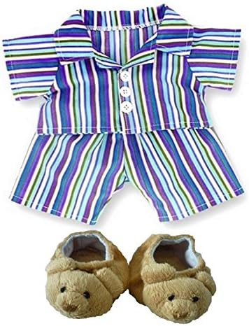 Build your Bears Wardrobe Teddy Bear Clothes fits Build a Bear Teddies Stripe PJ's and Bear Slippers(purple)