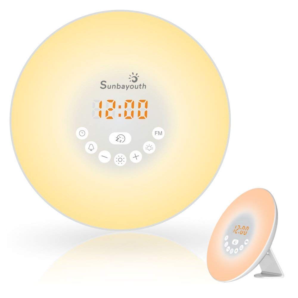 Sunba Youth Wake Up Light Sunrise Alarm Clock Radio with 7 Color Night Light 6 Nature Sounds and FM Radio for Bedside Lamp
