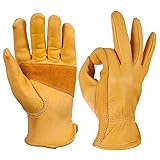OZERO Leather Work Gloves for Gardening, Men & Women, with Elastic Wrist, Medium (1 Pair)