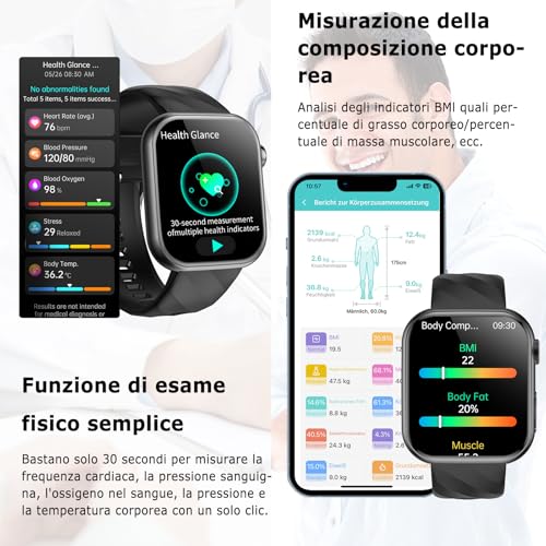 2026 Smartwatch Uomo Donna ECG/Pressione Sanguigna/Cardiofrequenzimetro/Sonno/Acido Urico/Temperatura Corporea/BMI/HRV/Emozioni/Fatica, 1,97" AMOLED Salute Orologio Fitness con Chiamate/Pulsante SOS