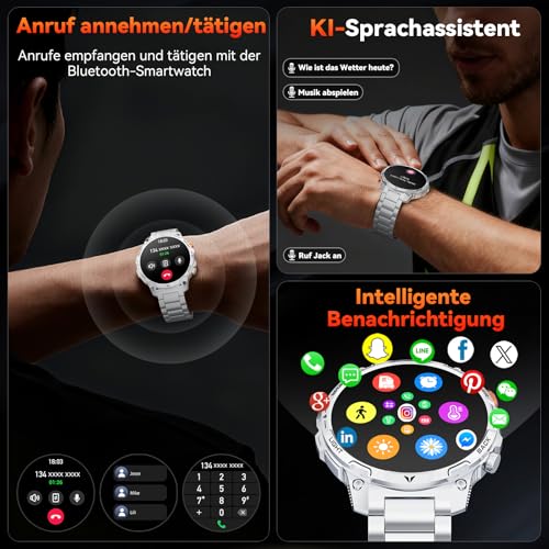 Men's Military Smartwatch with 1000 mAh Battery/2 Bracelets/1.75 Inch HD Large Display Sports Watch/110+ Sports Modes Fitness Watch/LED Torches/24/7 Heart Rate/Sleep Monitor/IP68 Waterproof for iOS