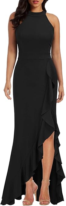 WOOSEA Women's High Neck Split Bodycon Mermaid Evening Cocktail Long Dress Black