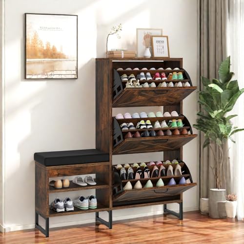 Farmhouse Shoe Cabinet With Bench & Motion Sensor Light - 3 Drawer, Holds 24 Pairs, Rustic Grey