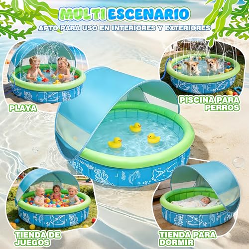 colmanda Piscina para Bebé 4-en-1 Pop Up, 100x30 cm Piscina de Bolas Bebe con Chorros de Agua, Tienda de Playa Bebé con Techo y Mosquitera, Protección UV SPF50+, Portátil para Jardín