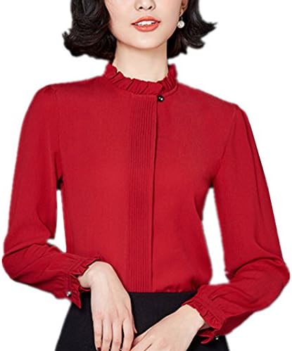 NIXI Women Blouse Stand Collar Long Sleeve Spring Chiffon Shirt Tops (US14=XL,Red)