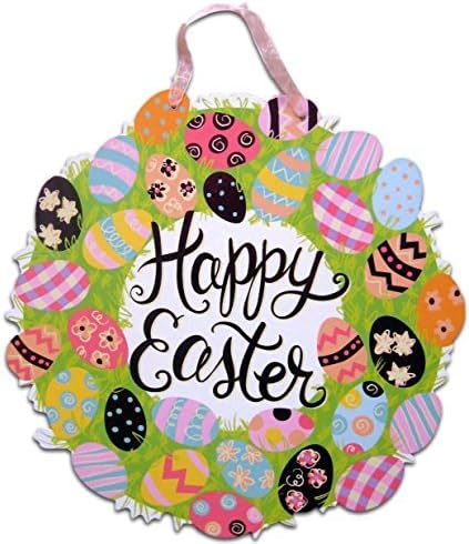 Happy Easter Sign for Windows Wall Hanging Doors School Classroom or Home Decoration (Happy Easter Egg Wreath)