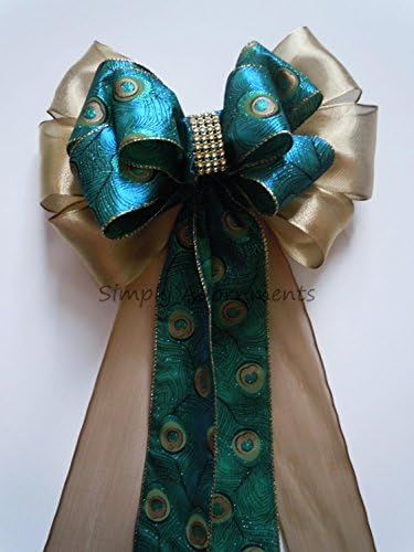 Peacock Wedding Pew Bow Blue Peacock Gold bling Wedding Ceremony Decoration Peacock Christmas Wreath Bow Peacock Christmas Tree Bow