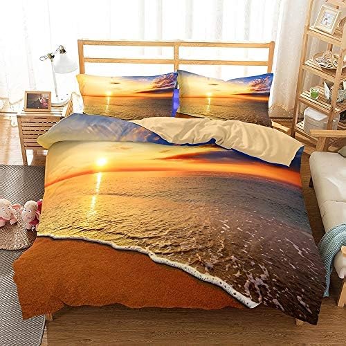 yiranjiafang Sunset Beach Series 3D Bedding Set Print Duvet Cover Set Lifelike Bed Sheet Without Any Filling (6, Single)