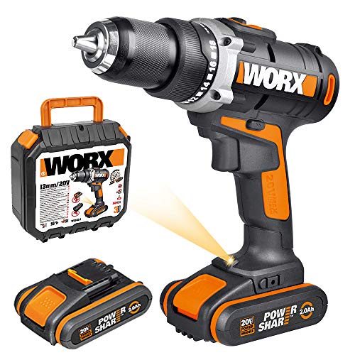WORX WX183.1 Akkuschrauber 20V - 50Nm, 2-Gang-Getriebe und LED-Licht – Akkubohrschrauber Set zum Bohren und Schrauben…